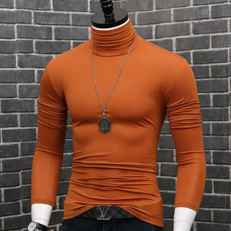 Luxury Men\'s Casual Turtleneck T-Shirts Autumn and Winter Tops Slim Collar Full Sleeve Innerwear Undershirt Golf Wear Men Tee