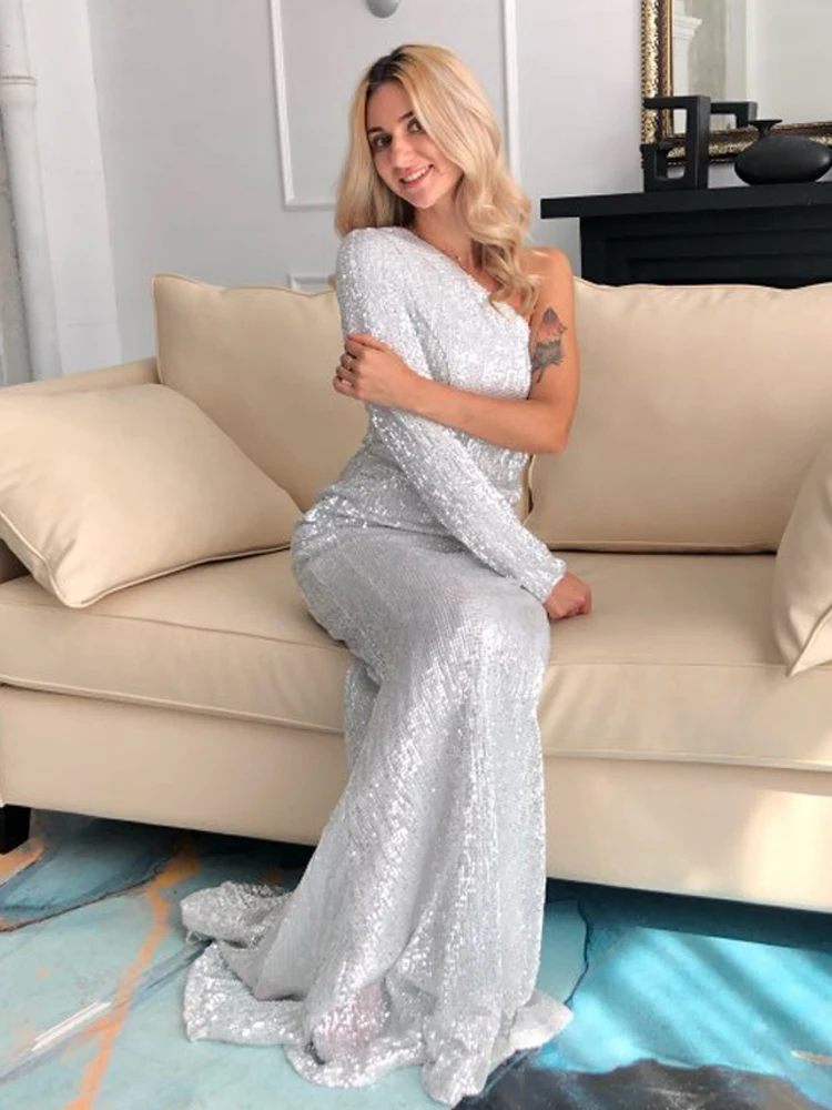 One Shoulder Long Sleeve Stretchy Sequined Mermaid Dress Floor Length Long Evening Gown Prom Party