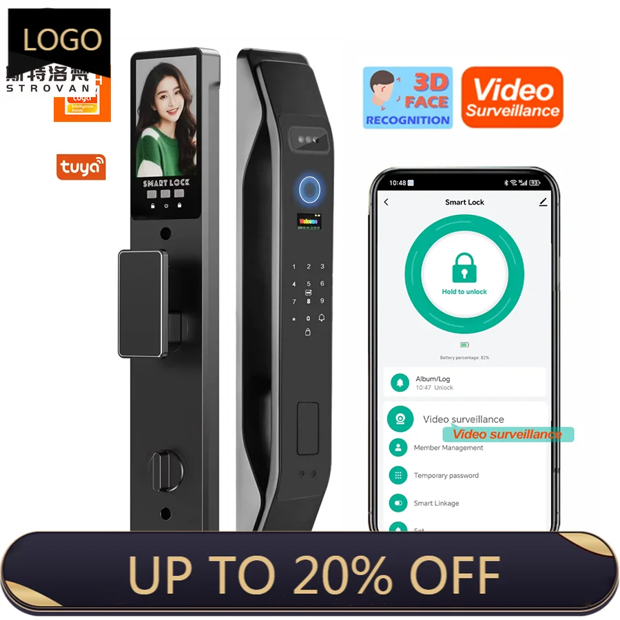 STLF Ai Tuya Video Surveillance Security Fingerprint Card Unlocking 3D Face Recognition Smart Home  Door Lock 9 Languages