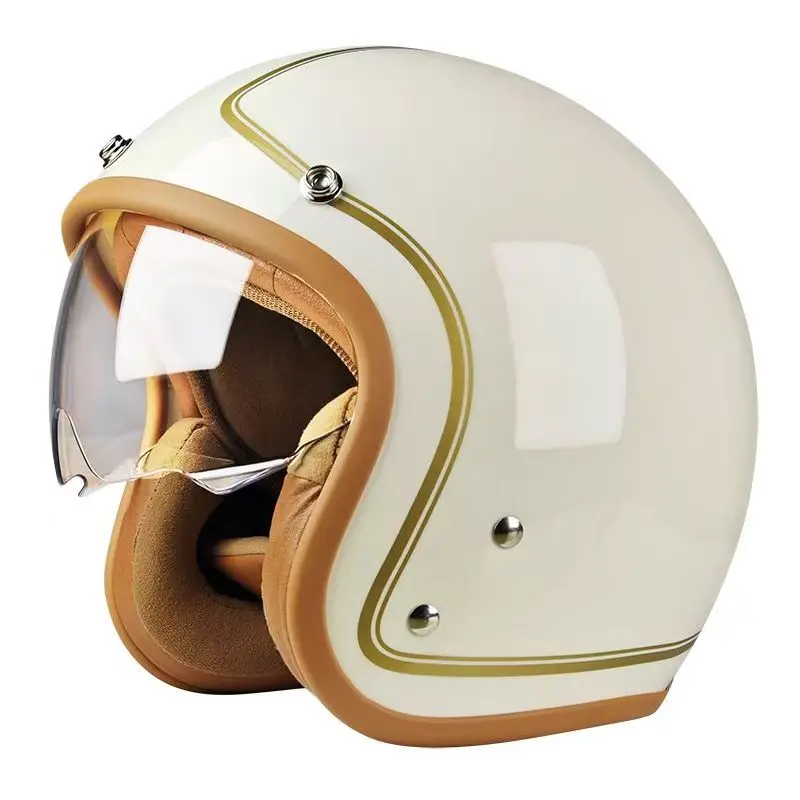 **Retro White 3/4 Open Face Motorcycle Helmet Vintage Bright Shell Built-In Sun Visor Comfort Liner Scooter Cruiser Helmet Casco