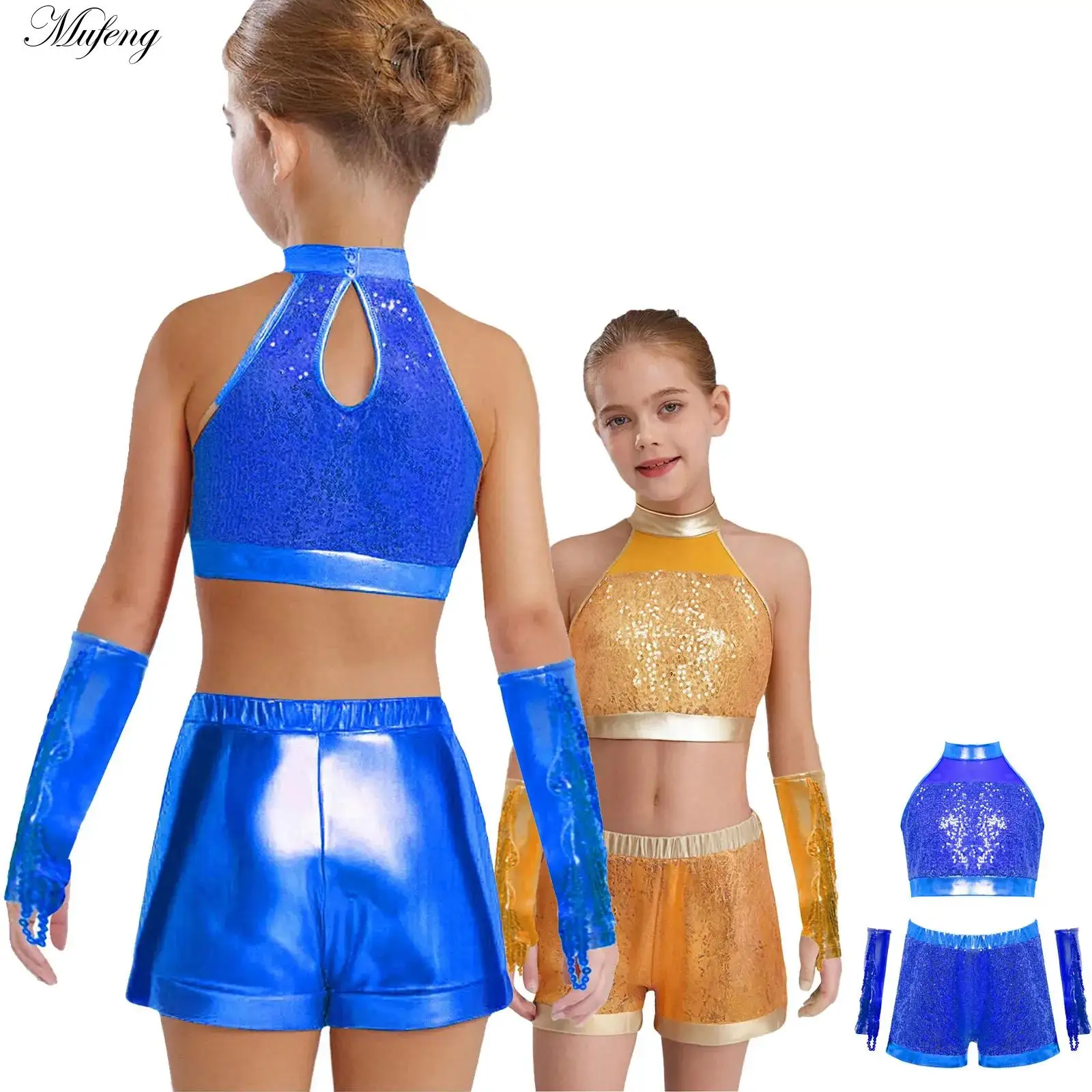 Kids Girls Jazz Cheerleading Uniform Cheerleader Costume Cha-cha Samba Modern Dance Outfits Set Crop Top with Shorts Gloves Set