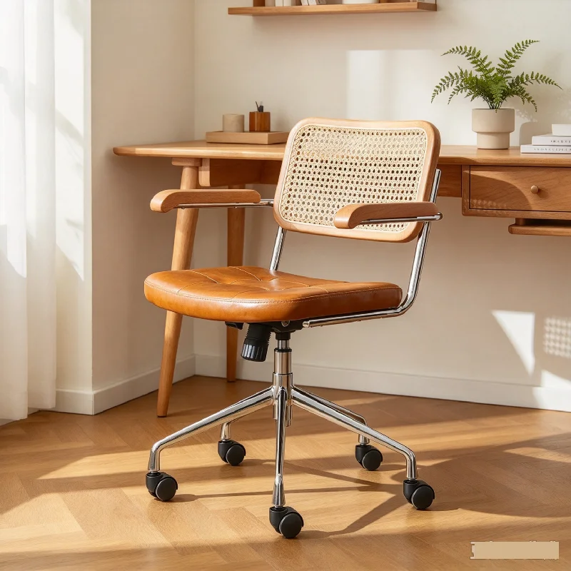 Retro Rattan Woven Armchair Nordic Log Style Lifting Rotating Office Chair With Universal Wheels For Home Bedroom Game Room