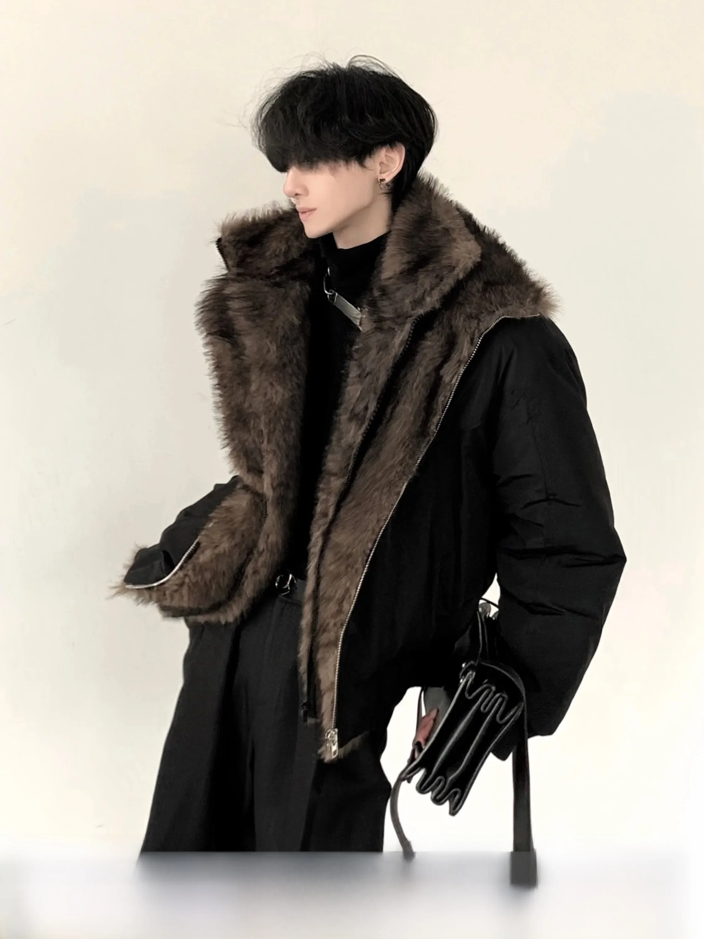 Autumn Mountain Wind Howling Hollow Peak Eagle Men's Winter Thickened Jacket Fur Collar Fake Two-Piece Cotton Coat Warmth