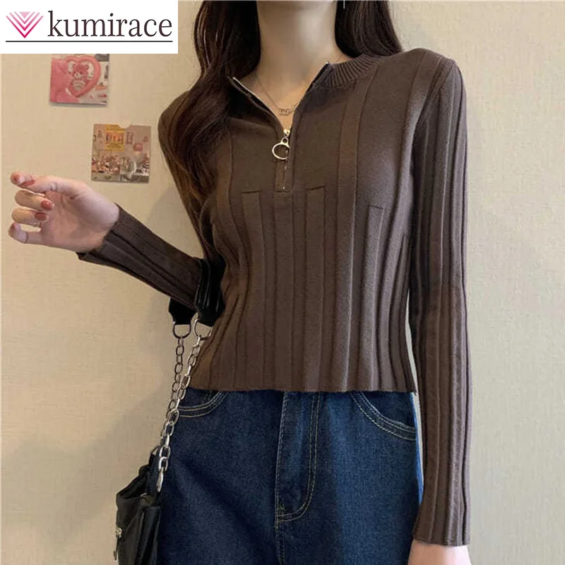 

2023 Spring and Autumn Short Zipper Knitted Top Long Sleeve Fashionable Solid Color Versatile Bottom Sweater for Womeny2k Clothe