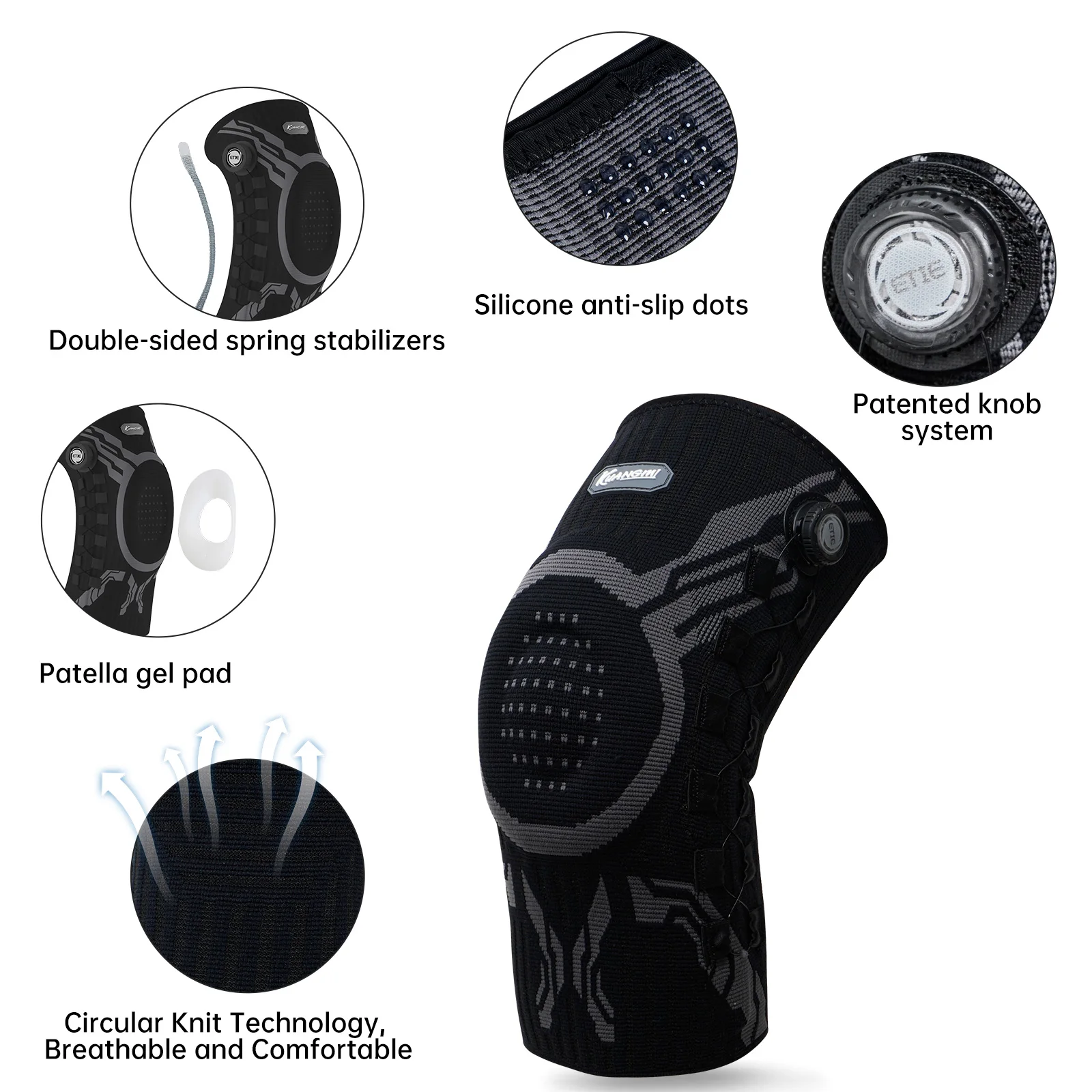 Kuangmi Smart Knob Knee Brace with Patella Gel Pad and Lateral Stabilizer, Compression Knee Brace for Exercise (Single)