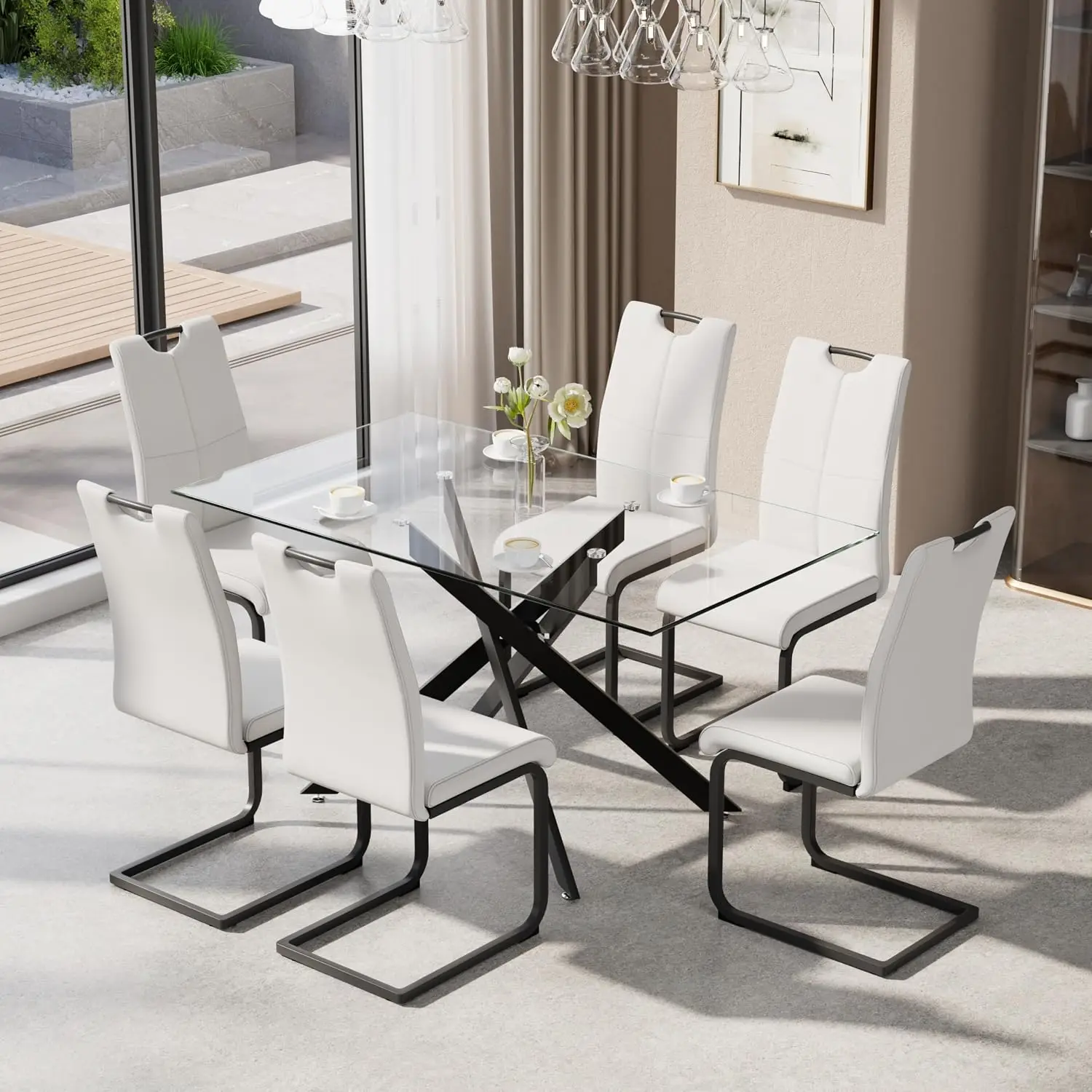 7-Piece Glass Dining Set with 6 Leather Chairs, Modern Rectangular Table, Space-Saving for Apartment, White & Black, Customized