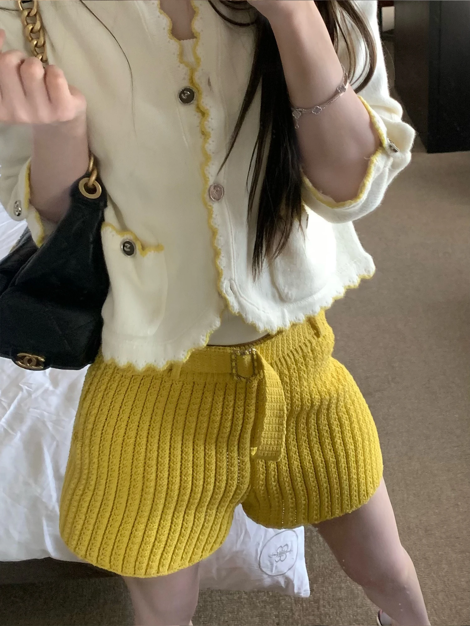 

Amor Human Fraance Slimming Knitted Belted Hollow out Waist orts Casual Straight Leg Pants Zipper Closure Comfortable Fit