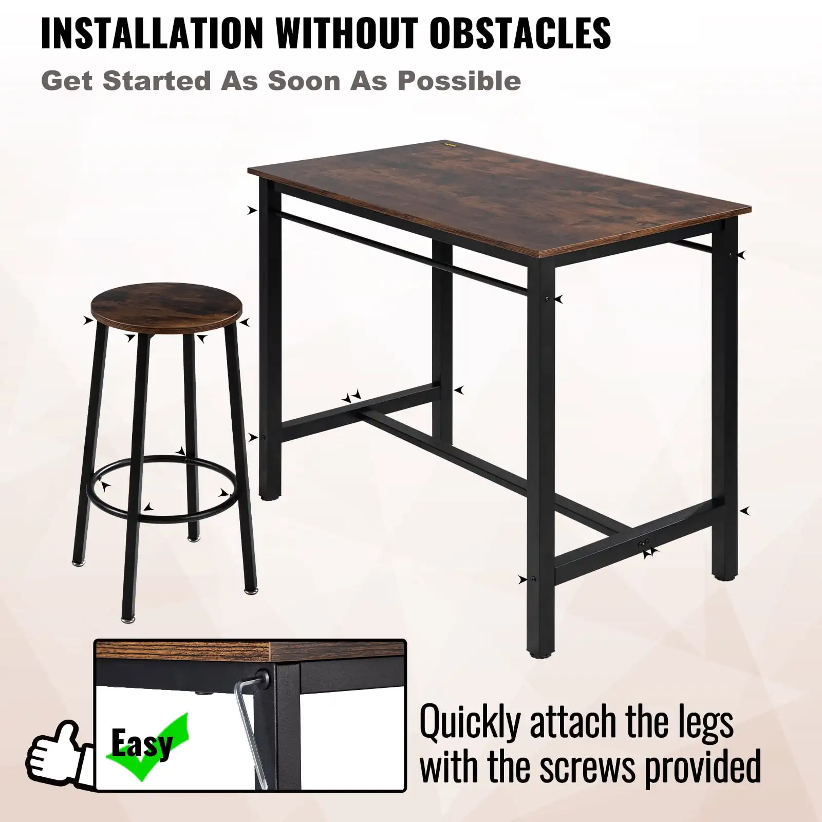 43" Bar Table and Chairs Set, Pub Table Set w/ 4 Stools, 5 Piece Counter Height Dining Sets, Rustic Brown