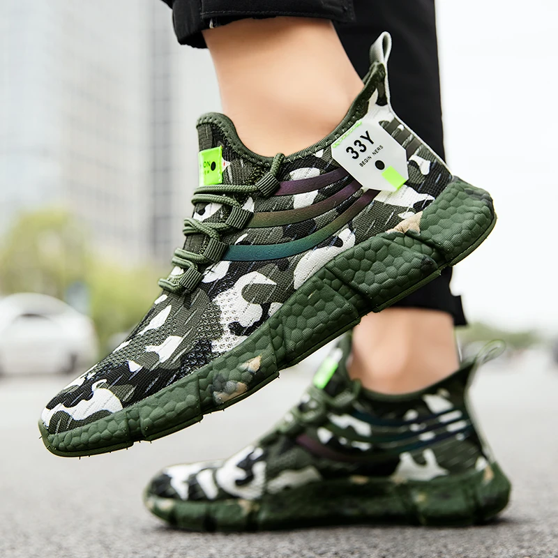 Women Men Sneakers Army Green Camouflage Outdoor Running Shoes Low Top Casual Shoes Mesh Breathable Sock Shoes Plus Size 36-46