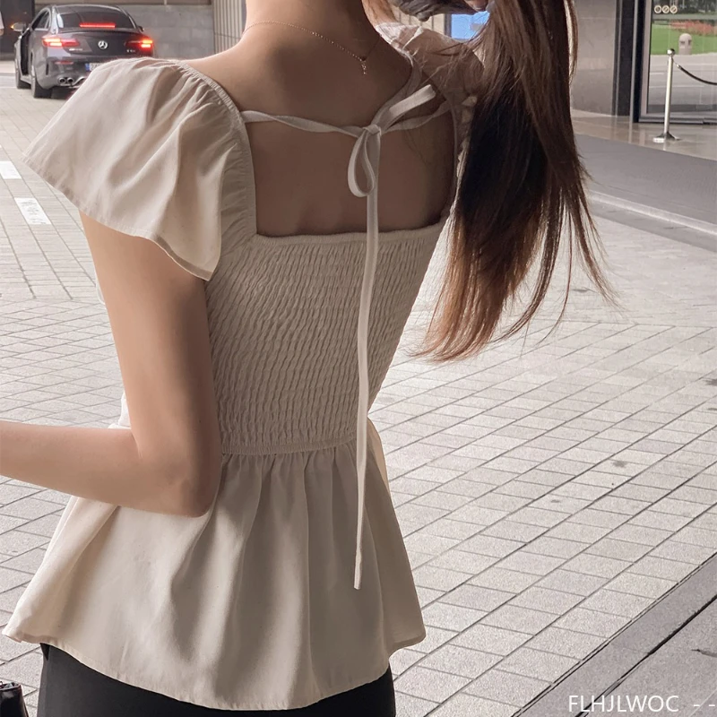 Hauts péplum à lacets, couche drapée, mignons et doux pour filles du japon, rétro, solide, col carré, taille fine, chemisiers Design Chic Y2K