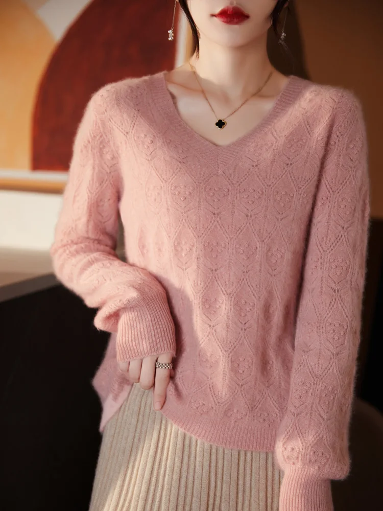 New Autumn V-Neck Hollow Out Diamond Solid Color Long Sleeve Pullover 100% Merino Wool Women Sweater Higt-Quality Soft Tops