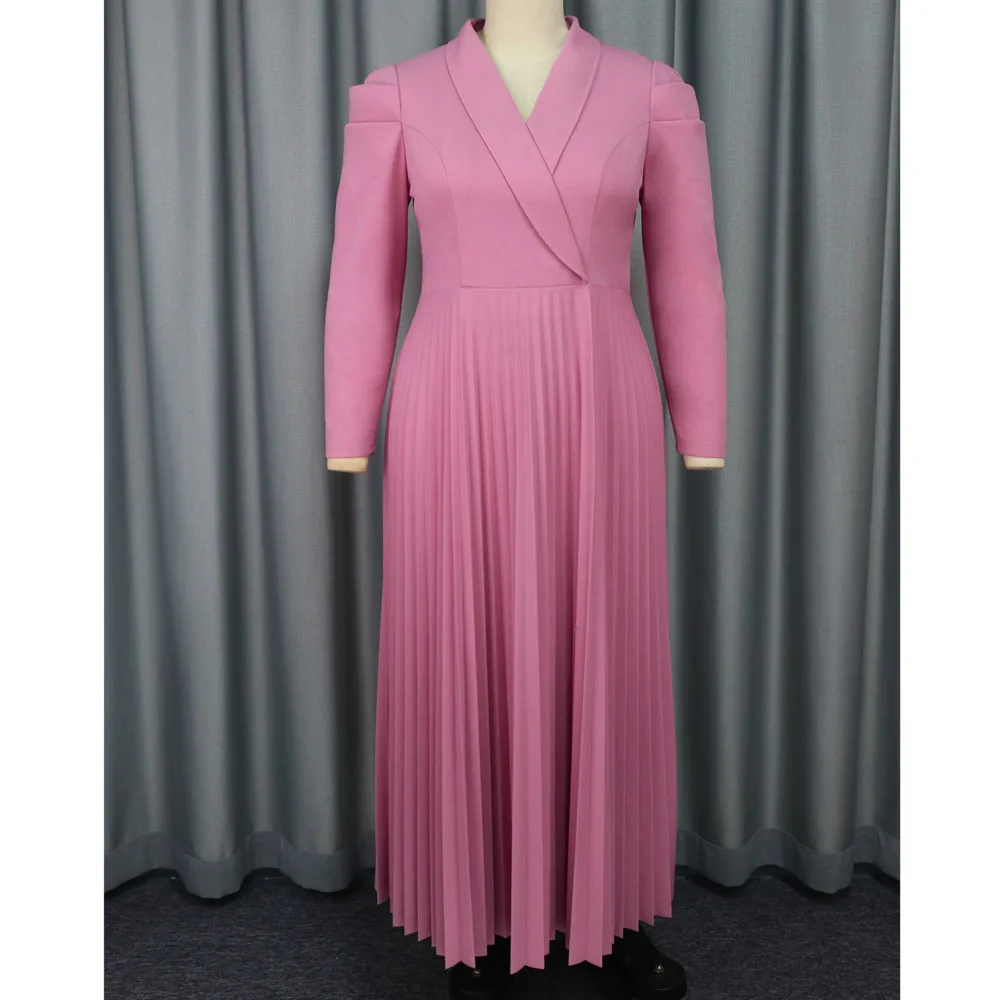 Woman Clothing Temperature Light Maturity Style Suit Collar Dress Workplace  Plus Size Pleated Long Formal Occasion Dresses