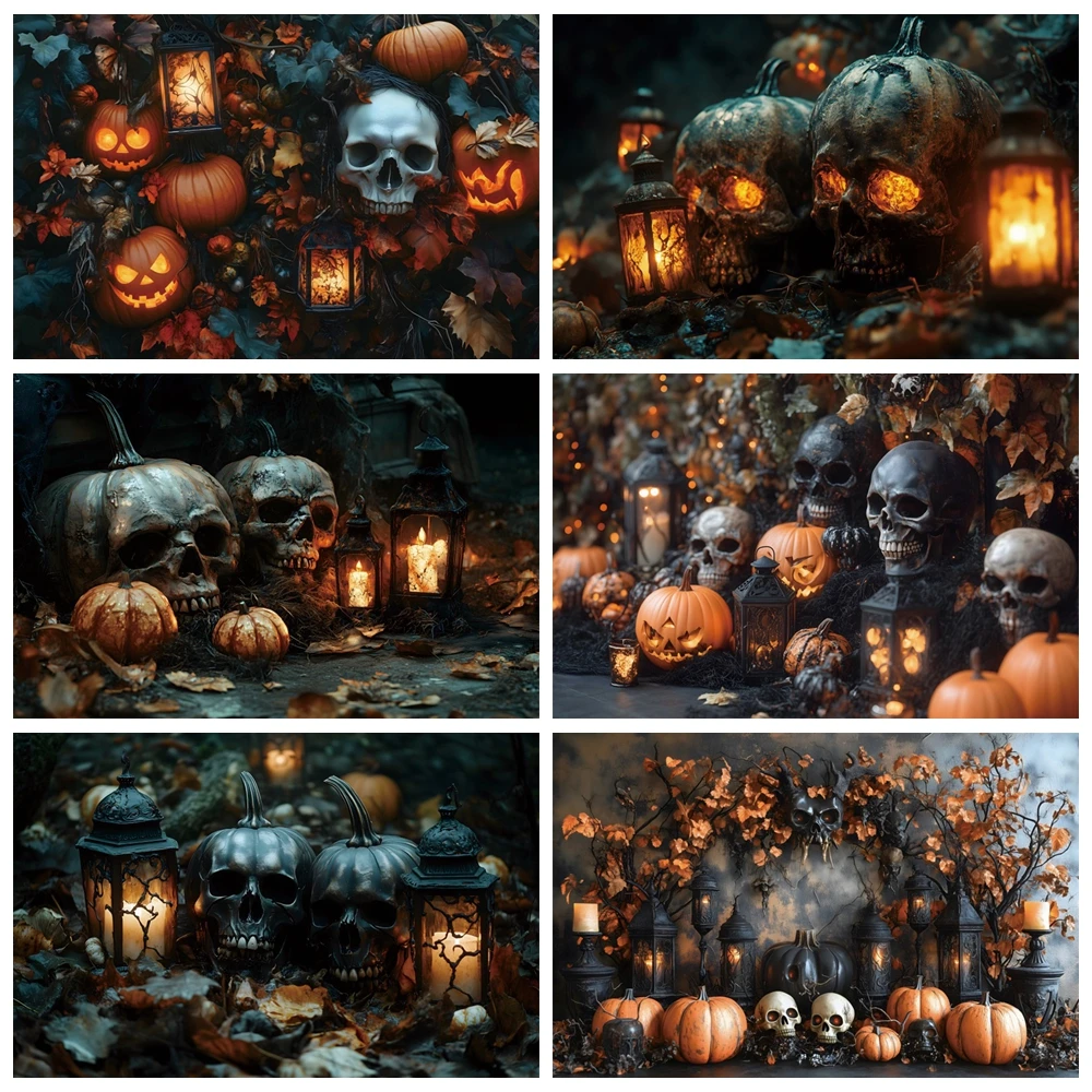 

Horror Halloween Photography Background Skeleton Head on the Wild Wall Pumpkin Lantern 2025 Adult Halloween Party Photo Backdrop
