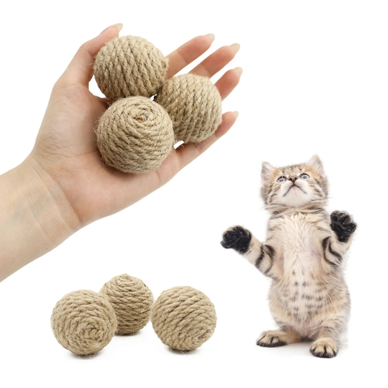 Boule de corde de chanvre pour chat, 5 pièces, roulante, interactive, tissée à la main, à gratter, boule sonore pour attirer l'attention, jouet