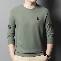 New Long Sleeve T-shirt Men's Spring Autumn Loose Breathable Versatile Round Neck Pullover Business Letter Striped Casual Tops