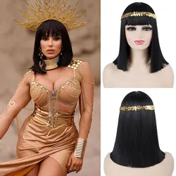 14Inch Synthetic Egypt Queen Cleopatra Wig Short Straight Black Hair with Bangs Halloween Party Carnival Cosplay Wigs