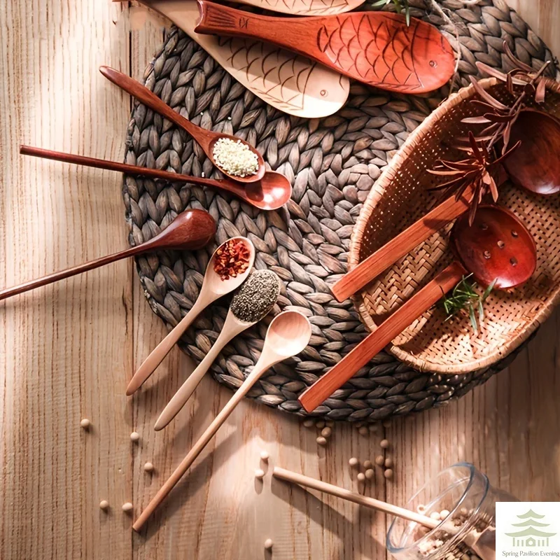 6PCS Wooden Tea Spoon Long Coffee Spoons Small Teaspoon Set Wood Honey Dessert Spoon Coffee Drink Stirrer Teaspoons Tableware