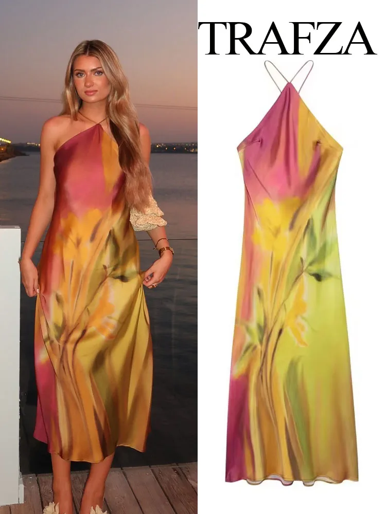 TRAFZA Summer New Fashion Women Dresses Print Tie Dye Sleeveless Backless Decorate Femael Beach Style Slim Long Dress Mujer