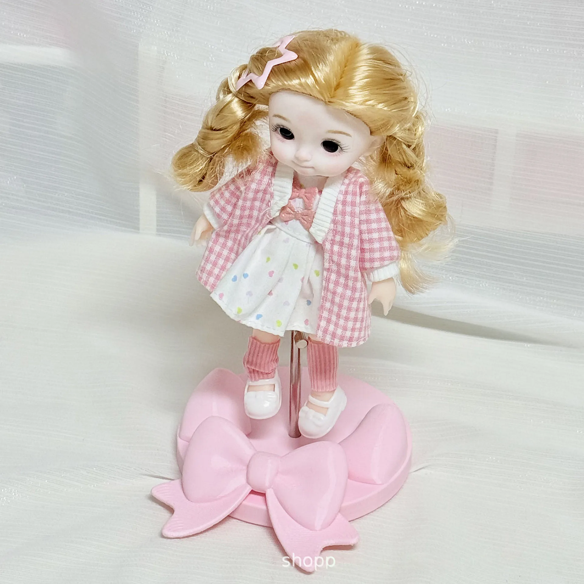 1/8 1/12 3D Printed BJD Doll Display Stand, Cute Pink Sweet Bow Base Doll Support Stand Auxiliary Standing Holder For BJD Dolls