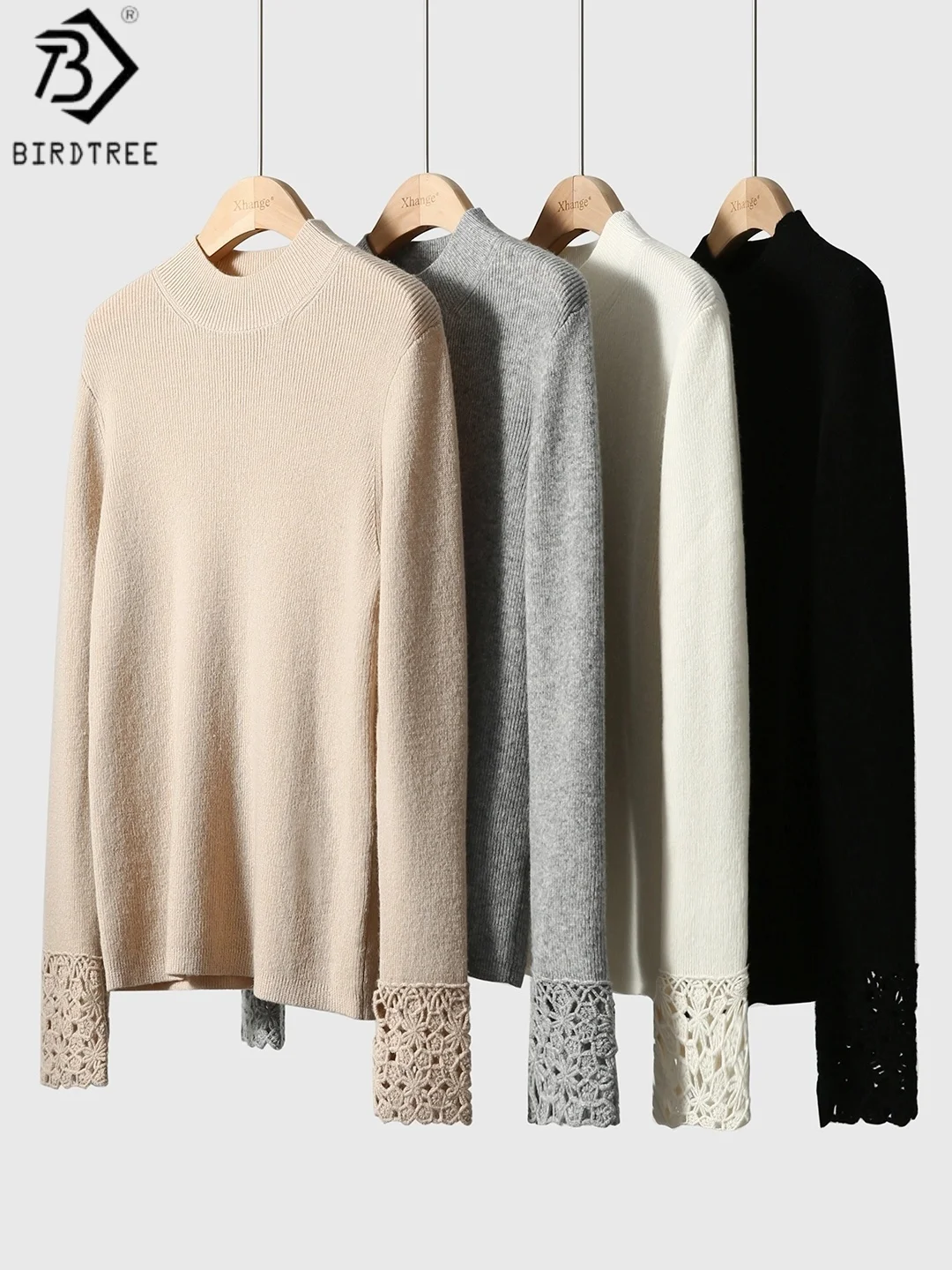 

Birdtree 90% Sheep Wool 10% Cashmere Sweater,Woman Wool Blend Half High Collar Full Hollow Sleeve Autumn Knitwear Shirt T59214JF
