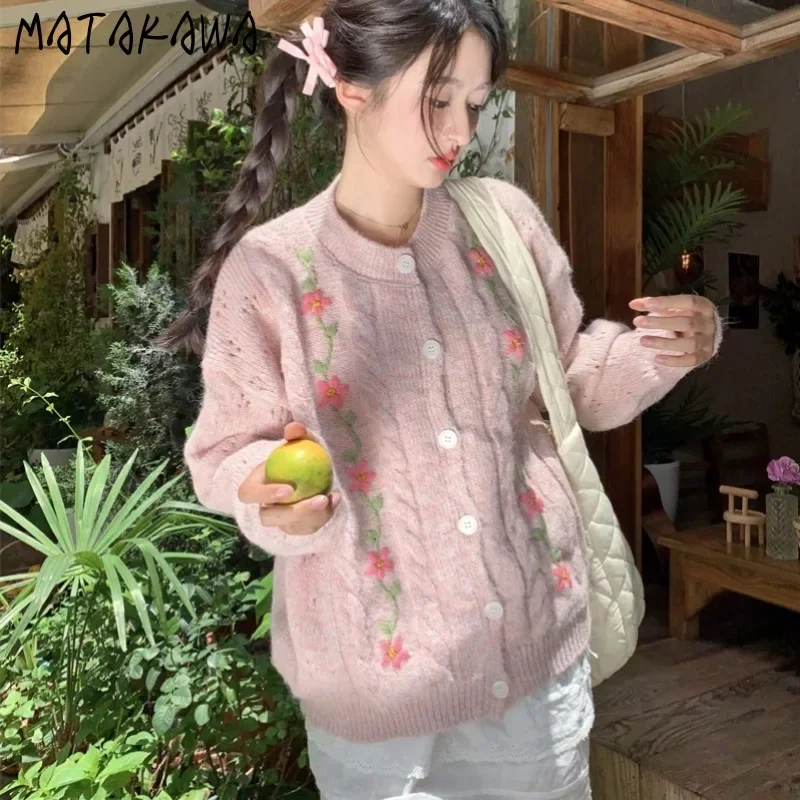 Matakawa Floral Cardigans Sweet Autumn Winter Hollow Out Korean Fashion Women Sweaters Vintage Loose Casual Sueter Mujer