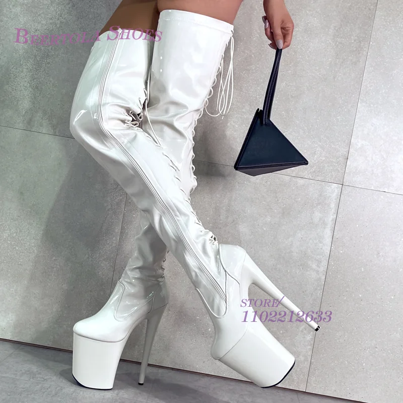 Pure White Glossy Leather Lace-Up Thigh Boot Women Stiletto Platform Over Knee Zip Heel Sexy Pole Stage Nightclub Hot Chick Shoe