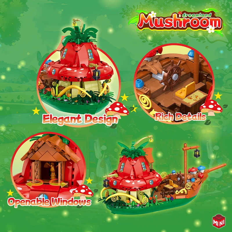 Criativo casa de cogumelo vista rua blocos de construção cidade arquitetura floresta cabine cogumelo barco mini tijolos brinquedos crianças presente