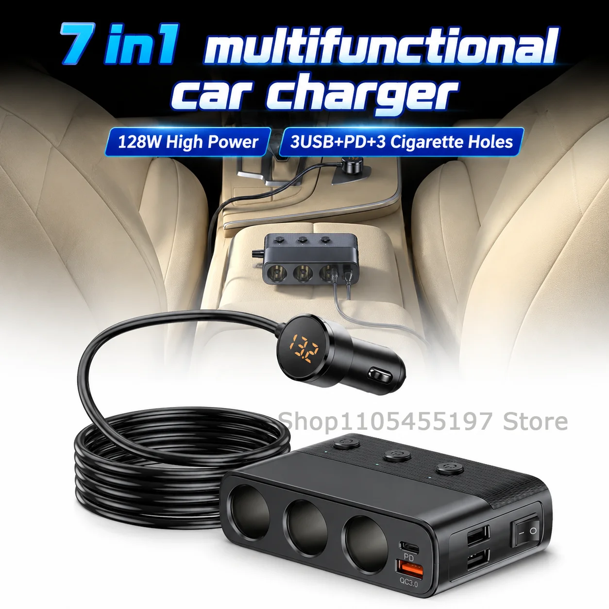 128W 7-in-1 DC Cigarette Outlet 12-24V Car Cigarette Lighter Socket Splitter with Switch PD30W QC3.0 Charge Independent Switches