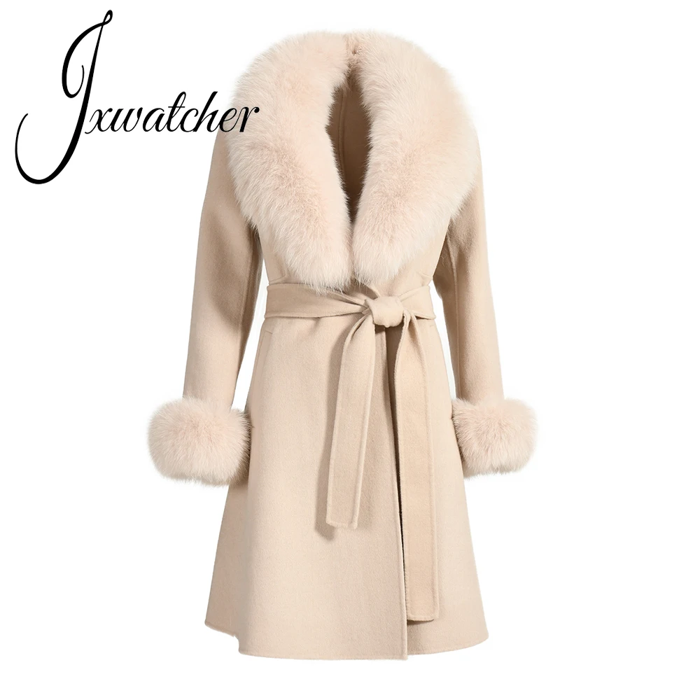 Jxwatcher Winter Cashmere Coat For Women Removable Natural Fox Fur Collar And Cuff Aautumn Ladies Fashion Streewear Long Outwear