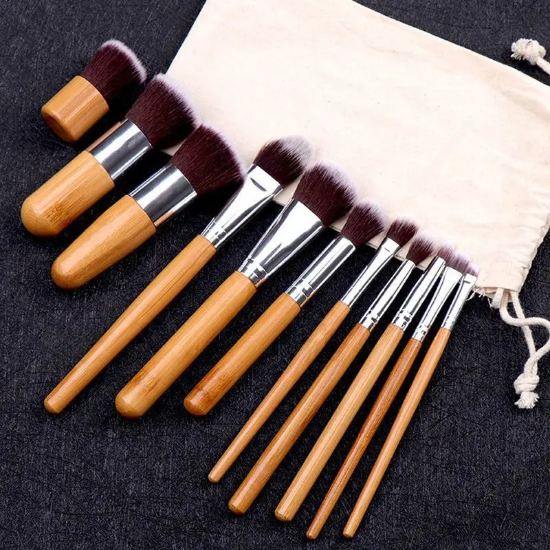 

11pcs Eco-Friendly Bamboo Shape Wood Handle Nylon Hair Professional Makeup Brush Set/Kit Tools Makeup Brush Wholesale