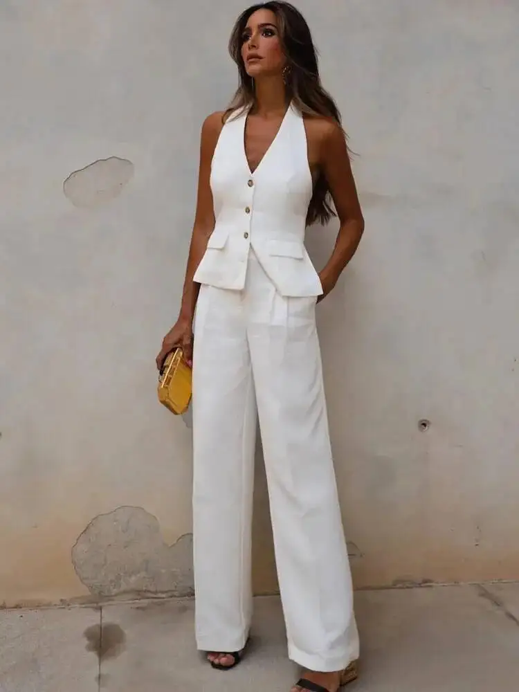 

Women 2 Piece Set Halter Neck Single-Breasted Pocket Sleeveless Halter Vest Tops+High Waist Zipper Pockets Wide Leg Pant ZM48