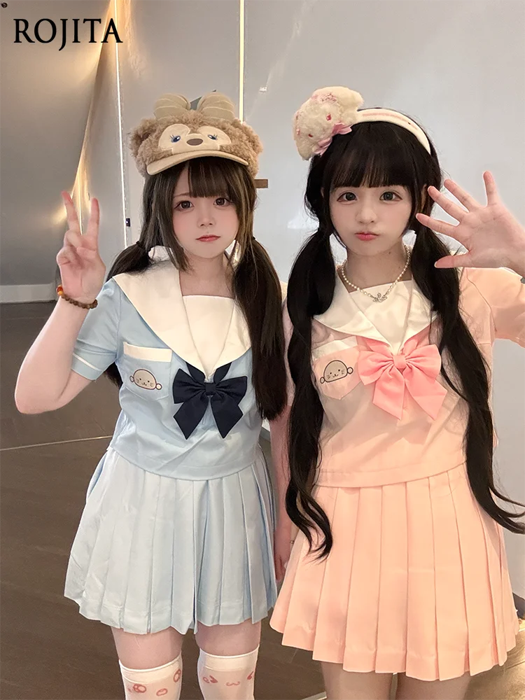 Soft Cute Cartoon Embroidered Collar JK Uniform Top 2025 New Navy Collar Short Sleeve Light Blue Top Short Jackets for Women