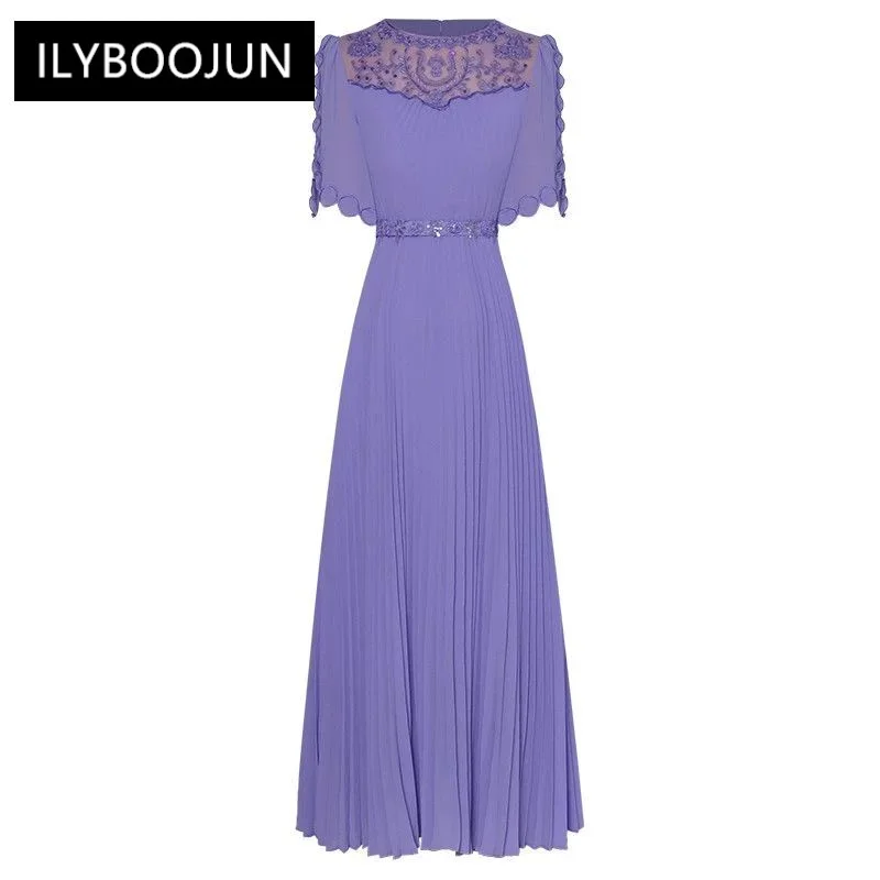 

Summer Fashion Designer Vintage Party Pleated Dress Women's O-Neck Embroidery Sequins Beading Sashes Violet Long Dress