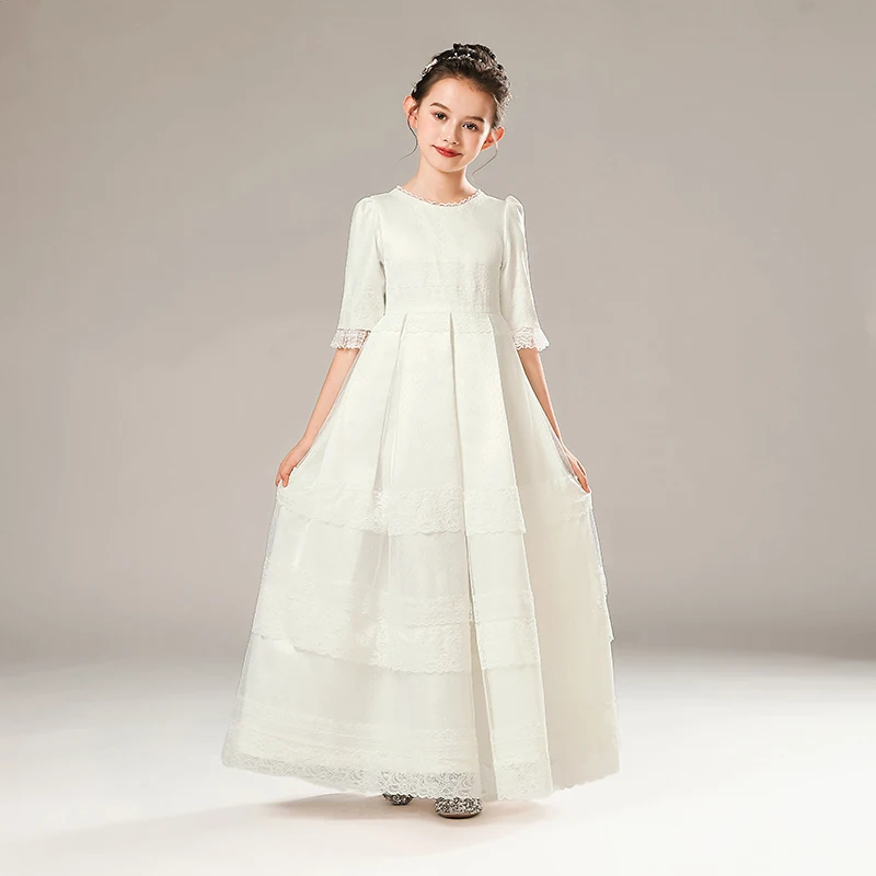 

White Elegant Flower Girls Dress First Communion Applique Tulle Kids Wedding Party A-Line Princess Junior Bridesmaid Gowns