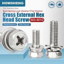 HOWSHENG Cross Recessed External Hex Head Screw with Washer M3 M4 M5 M6 M8 Stainless Steel Phillips Three Combination Screws