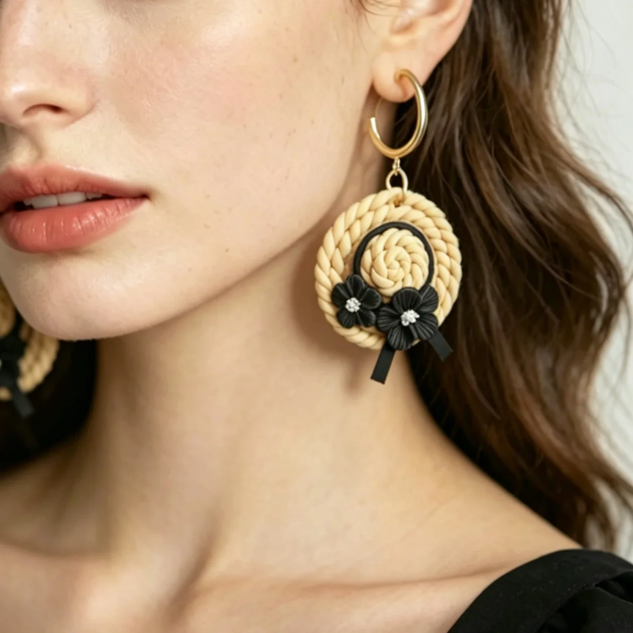 Trendy Fashion Black White Tan Polymer Clay Cute Earrings Long Slim Hat Strips Fun Accessory for Women Jewelry for Holiday Wear