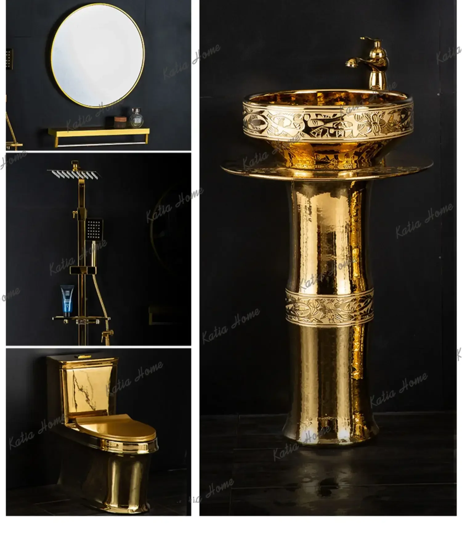 PG Gold ceramic column type washbasin gold-plated floor type integrated simple and fashionable