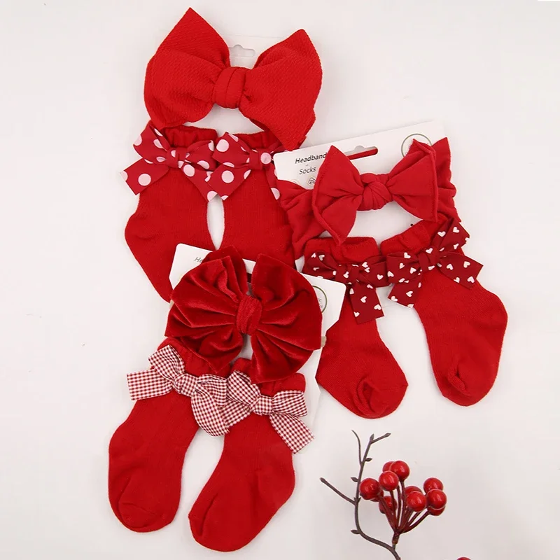 2Pcs/Set Cute Bowknot Baby Headbands Socks Red Christmas Hair Bands for Infant Short Sock Dot Plaid Print Toddler Headwear