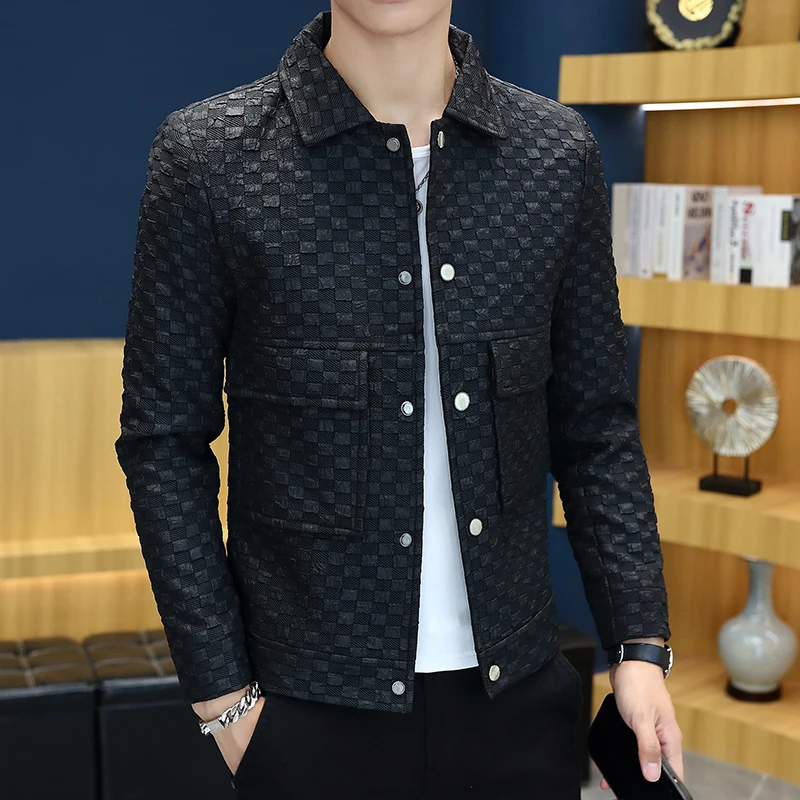 High Quality Checkered Casual Jacket for Men Fashion Lapel Business Versatile Jacket Social Streetwear Windbreaker Coat 2025