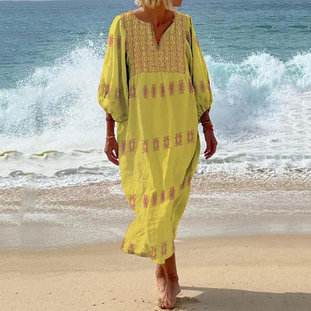 Women V-neck Long Dress Bohemian Style Printed Midi Dress with Three Quarter Sleeves V Neck Summer Lady Dress for A Stylish Look