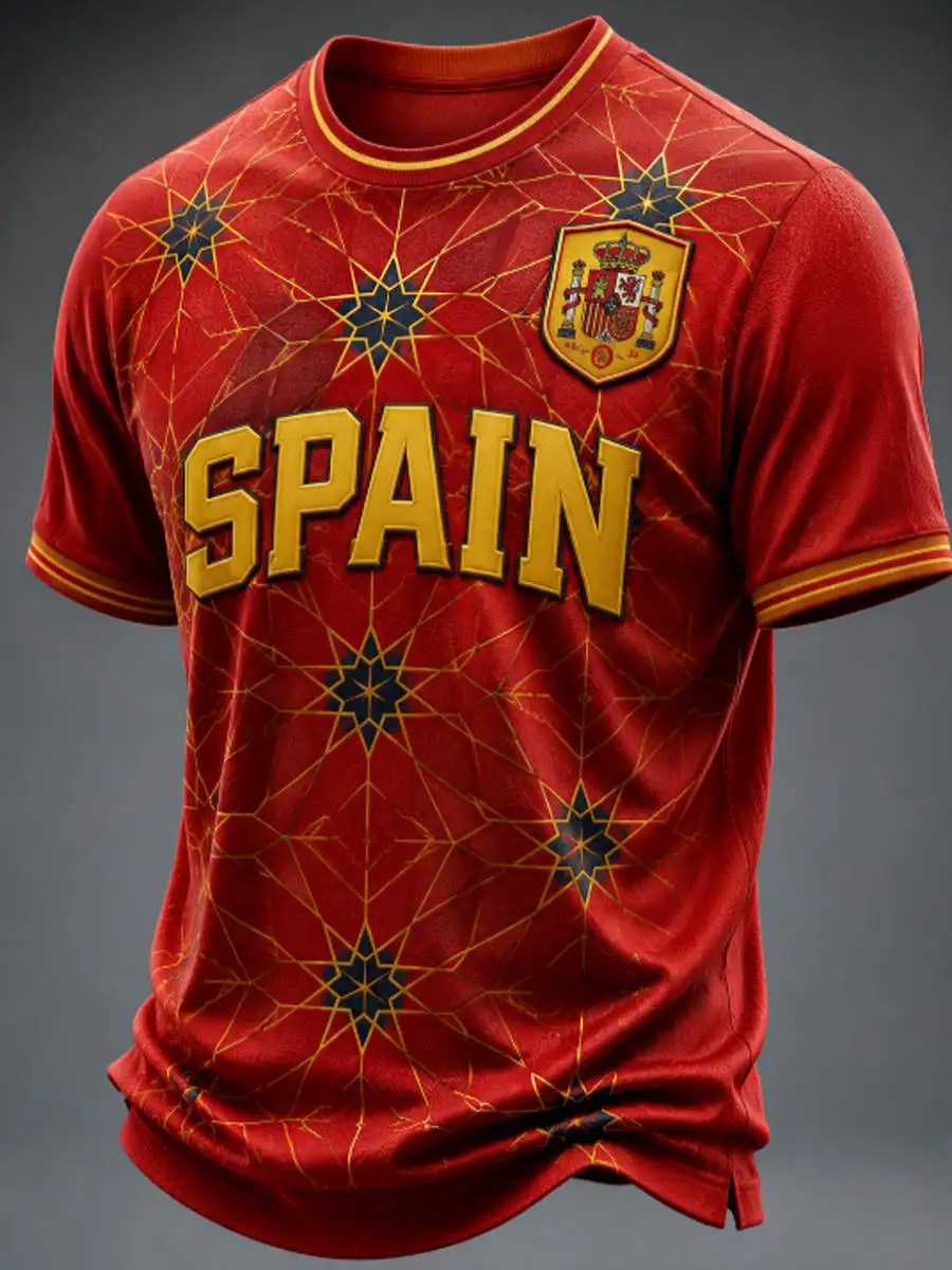 Maillot de football d'Espagne rouge et or avec imprimé géométrique étoile et ligne, badge du blason royal, haut à manches courtes pour homme, pour supporter de football