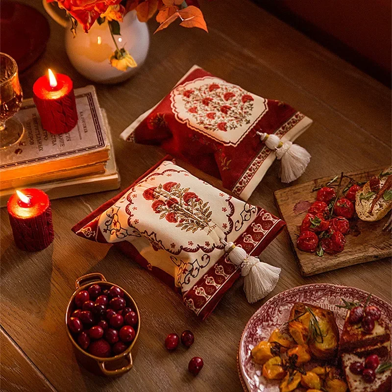 Red Printing and Dyeing Short Plush American Paper Box Creative Tassel Cotton Fabric Tissue Storage Box