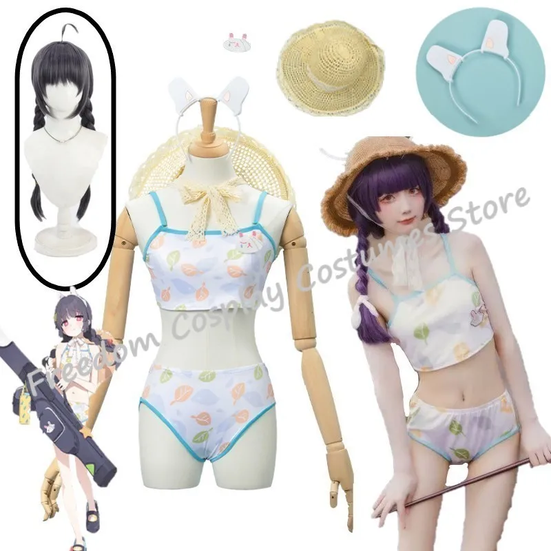 

Anime Game Blue Archive Costume Summer Swimming Cutecore Kasumisawa Miyu Cosplay Bikini Hat Wigs Halloween Outfit Bathing Suit