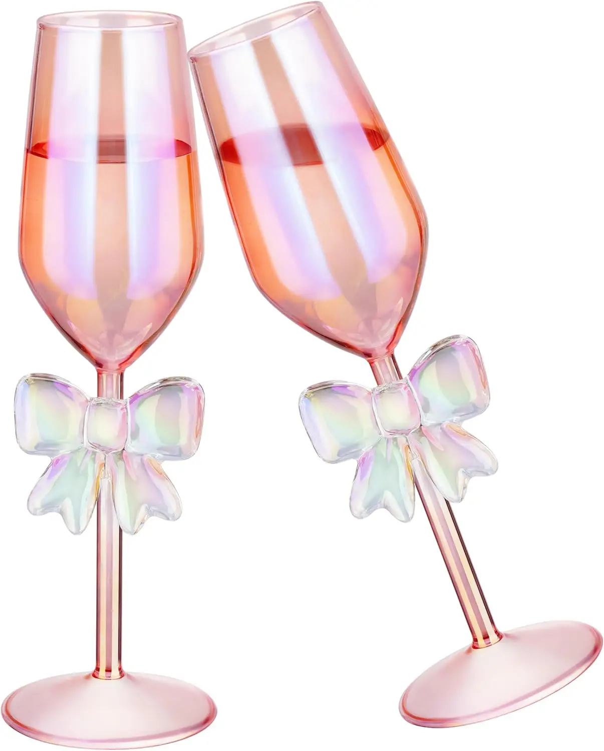 

2-Pack Pink Iridescent Champagne Flutes, 10.5oz Handcrafted Borosilicate Glasses with Bow Base for Weddings