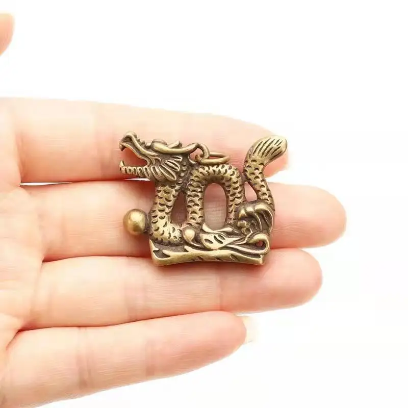 Mini brass twelve zodiac dragon ornament antique Zodiac Dragon Pendant single dragon playing with beads trick money key chain