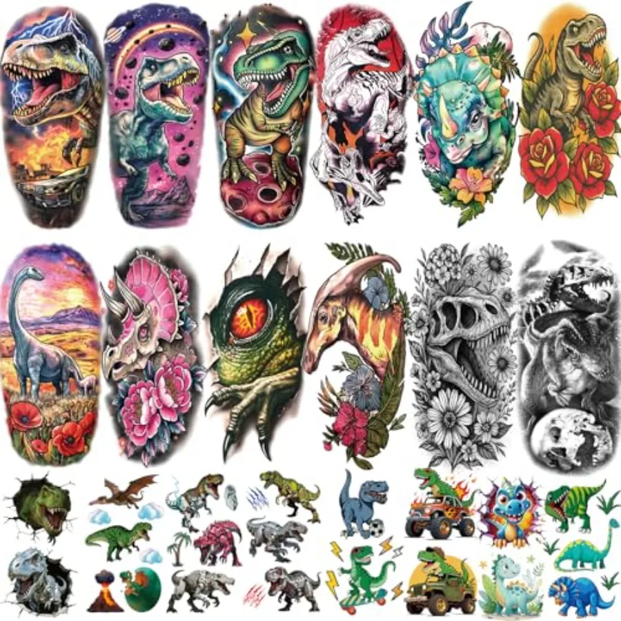 

77 Sheets Dinosaur Temporary Tattoos for Adult, Large Triceratops T-Rex Skull Raptor Claw Dinosaur Fake Tattoos for Boys Girl,