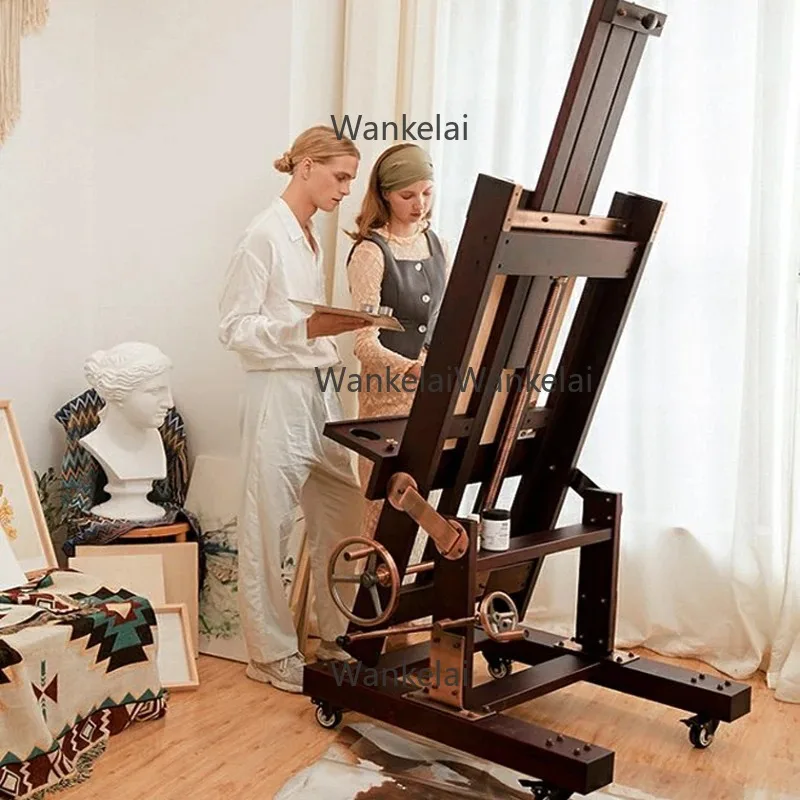 Beech Hand-cranked Jumbo Large Oil Painting Easel Wood Display Easel Canvas Board Adjustable Flat Stand Dual-use