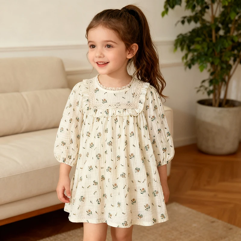 Neues Herbstkleid für 1–6 Jahre, Blumendruck, Spitze, Prinzessinnenkleid für Mädchen, Blume, langärmelig, süßes Kinder-Baumwollkleid