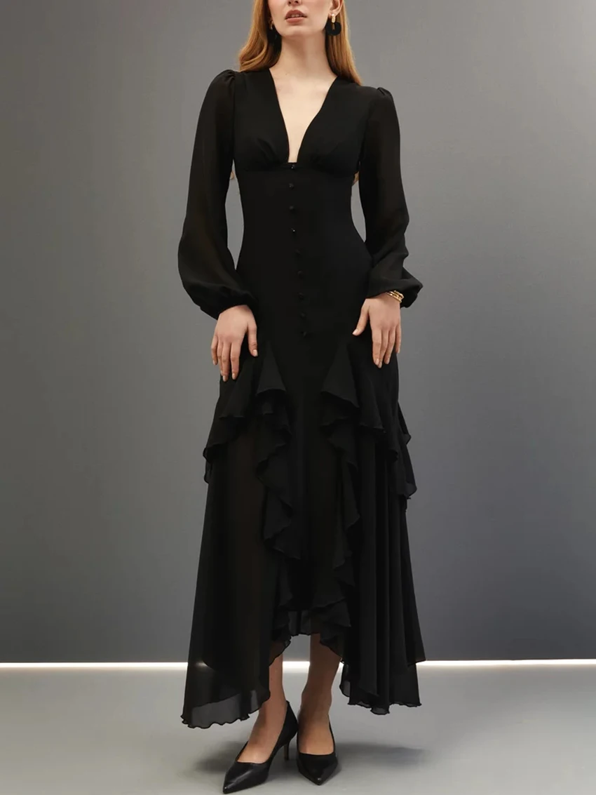 

Oymimi Fashion Black V-Neck Womens Dresses Elegant Long Sleeve Button Zipper Dress Casual New Ruffled Ankle-Length Dress Female