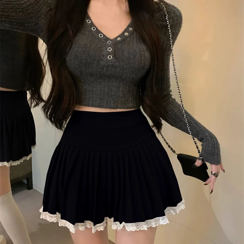 Lace Pleated Mini Skirts Women All-match Korean Style Fashion Charming Autumn Winter High Waist A-line Female Youth Simple Chic